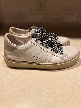 ShuShop  Leather Sneakers with Star Accent and Checkerboard Laces